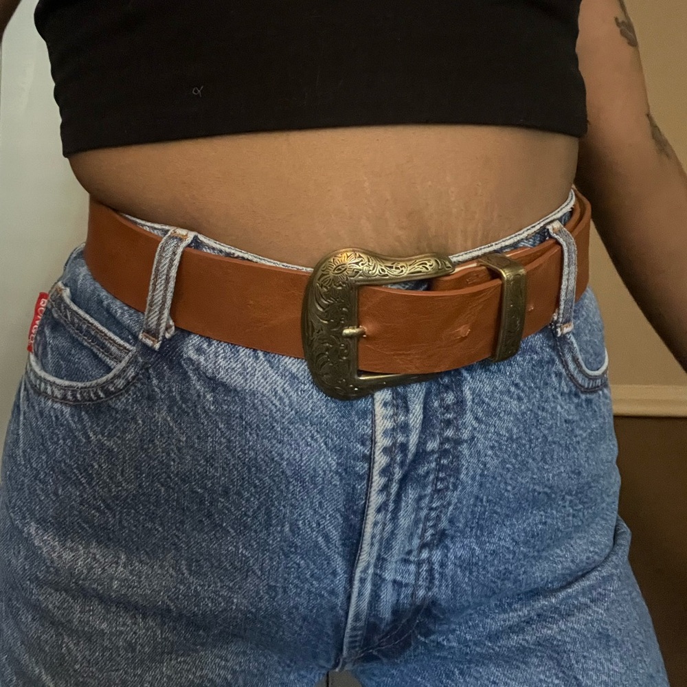 Brown Leather Belt with Gold Buckle